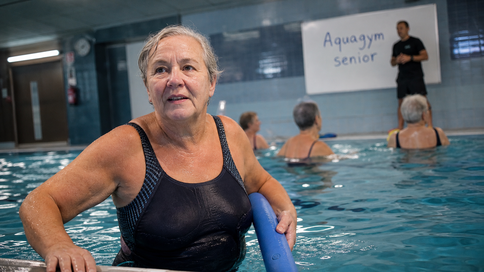 Aquagym senior en piscine : femme senior tient l’équilibre près du bord