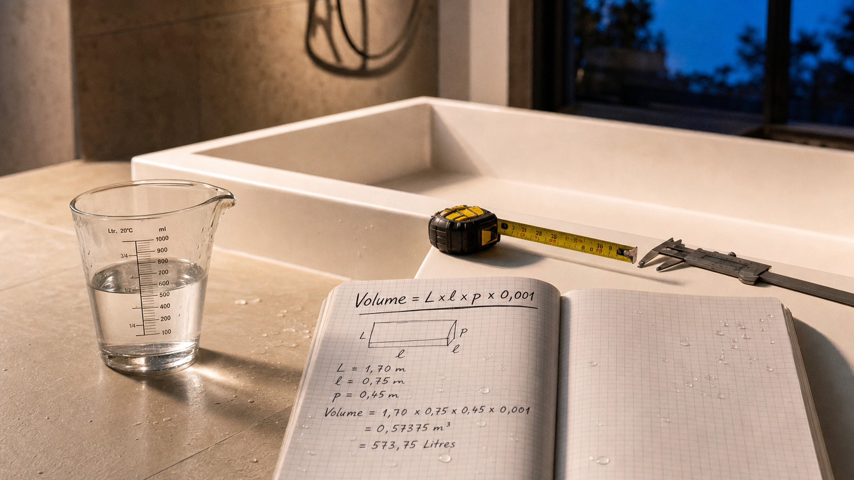 Baignoire volume : ruban et calcul pour estimer 120 à 550 L