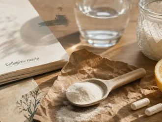 Collagène marin bienfaits : poudre et gélules, verre d’eau tiède