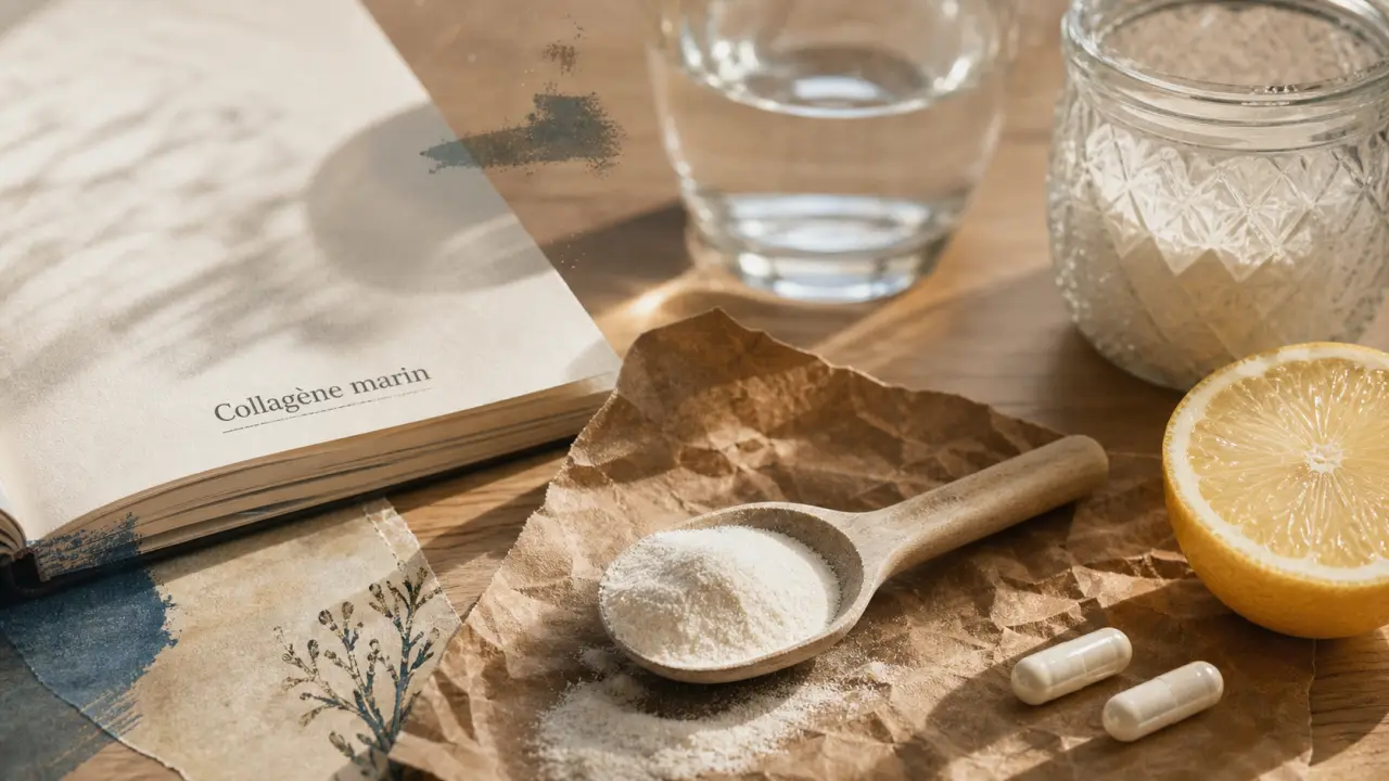 Collagène marin bienfaits : poudre et gélules, verre d’eau tiède