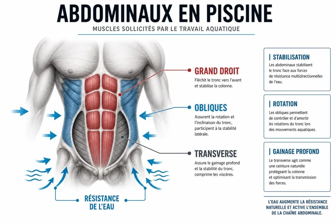 Schéma des muscles abdominaux sollicités par les exercices piscine abdos