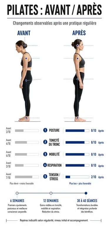 Infographie Pilates avant après montrant les changements de posture, tonicité, mobilité et respiration