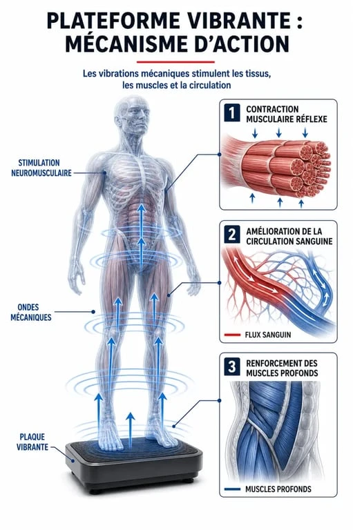 Infographie explicative des bienfaits et du fonctionnement d'une plateforme vibrante sur le corps humain