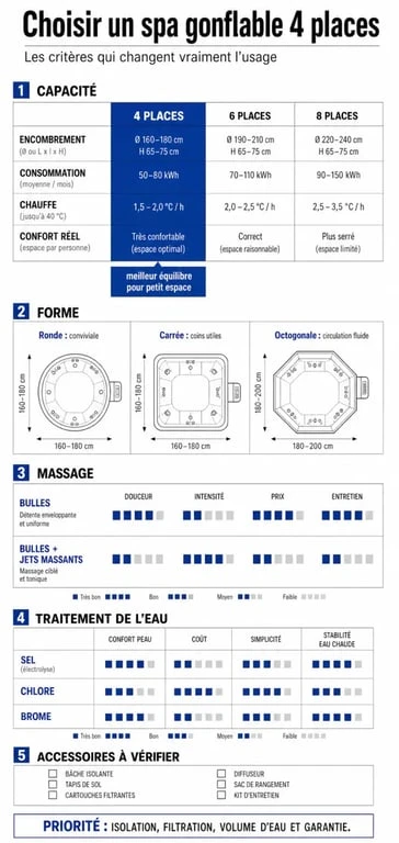 Comparatif spa gonflable 4 places : capacités, formes et équipements à vérifier avant achat