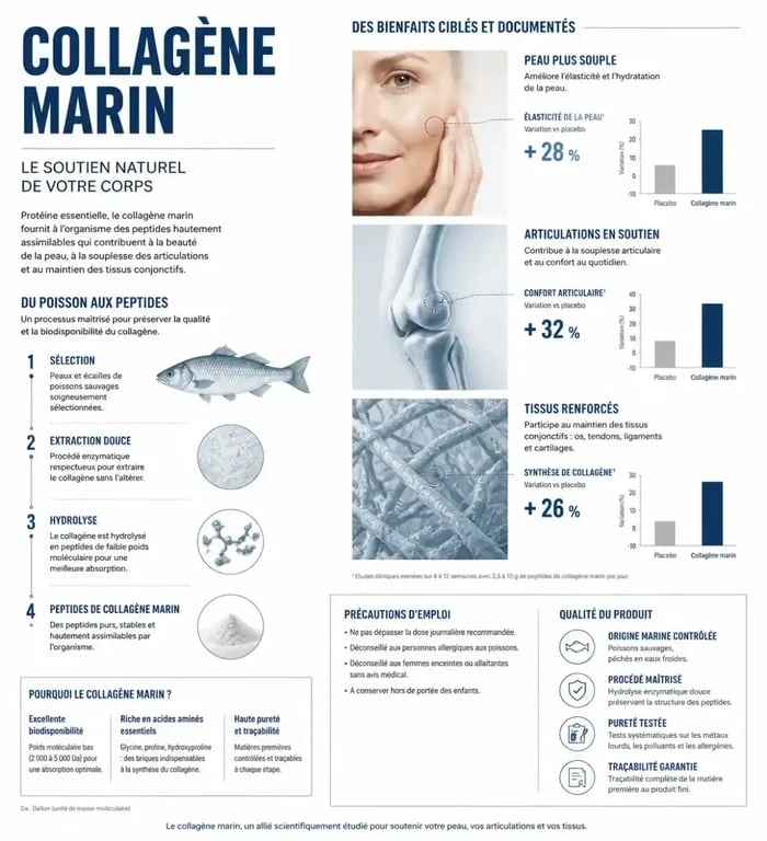 Bienfaits du collagène marin : peau, articulations, qualité du produit et précautions