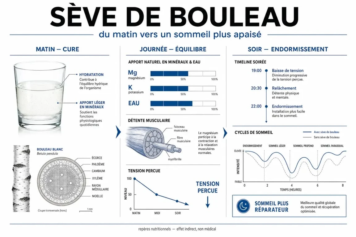 Sève de bouleau et sommeil : infographie sur les mécanismes de détente, d’hydratation et de récupération nocturne