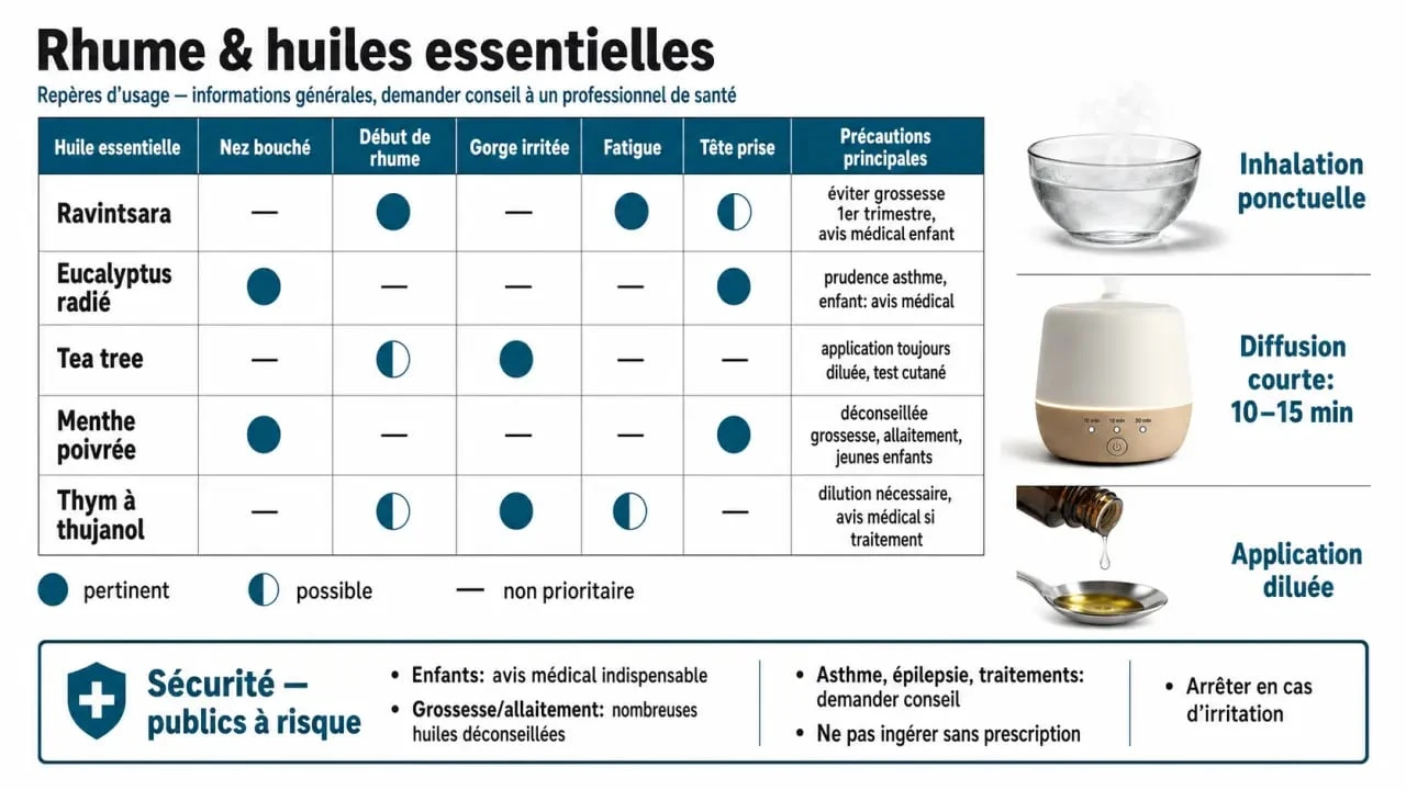 Rhume et huiles essentielles : infographie comparant les huiles selon les symptômes et les précautions