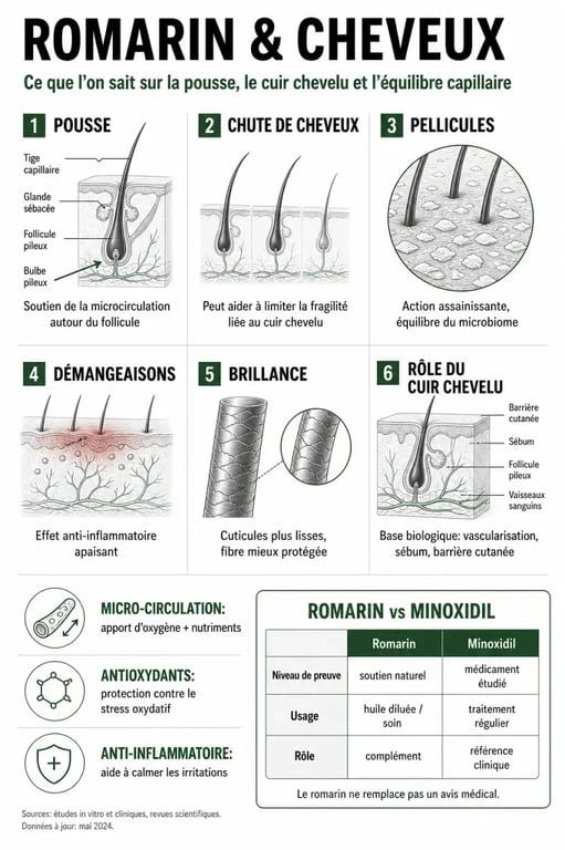 Infographie sur les bienfaits du romarin pour les cheveux : pousse, chute, cuir chevelu et brillance