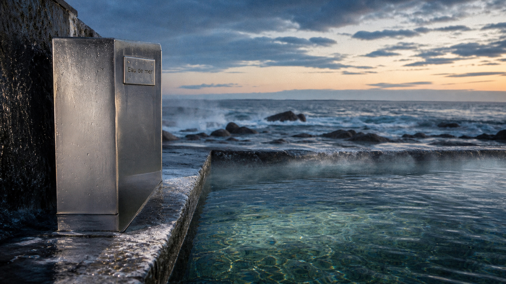 Piscine à eau de mer, eau claire, embruns et équipements protégés