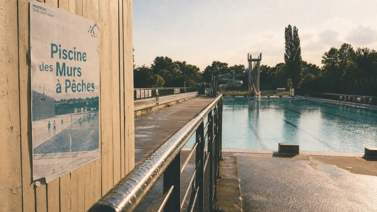 Piscine mure a peche à Montreuil : bassin extérieur écologique avec toboggan