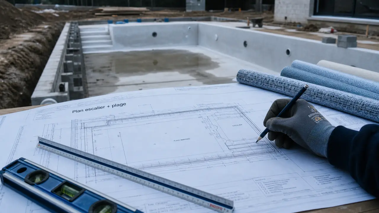 Plan escalier piscine avec plage : 3% de pente