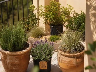 Plantes pour terrasse ensoleillée : romarin et lavande en pot plein sud