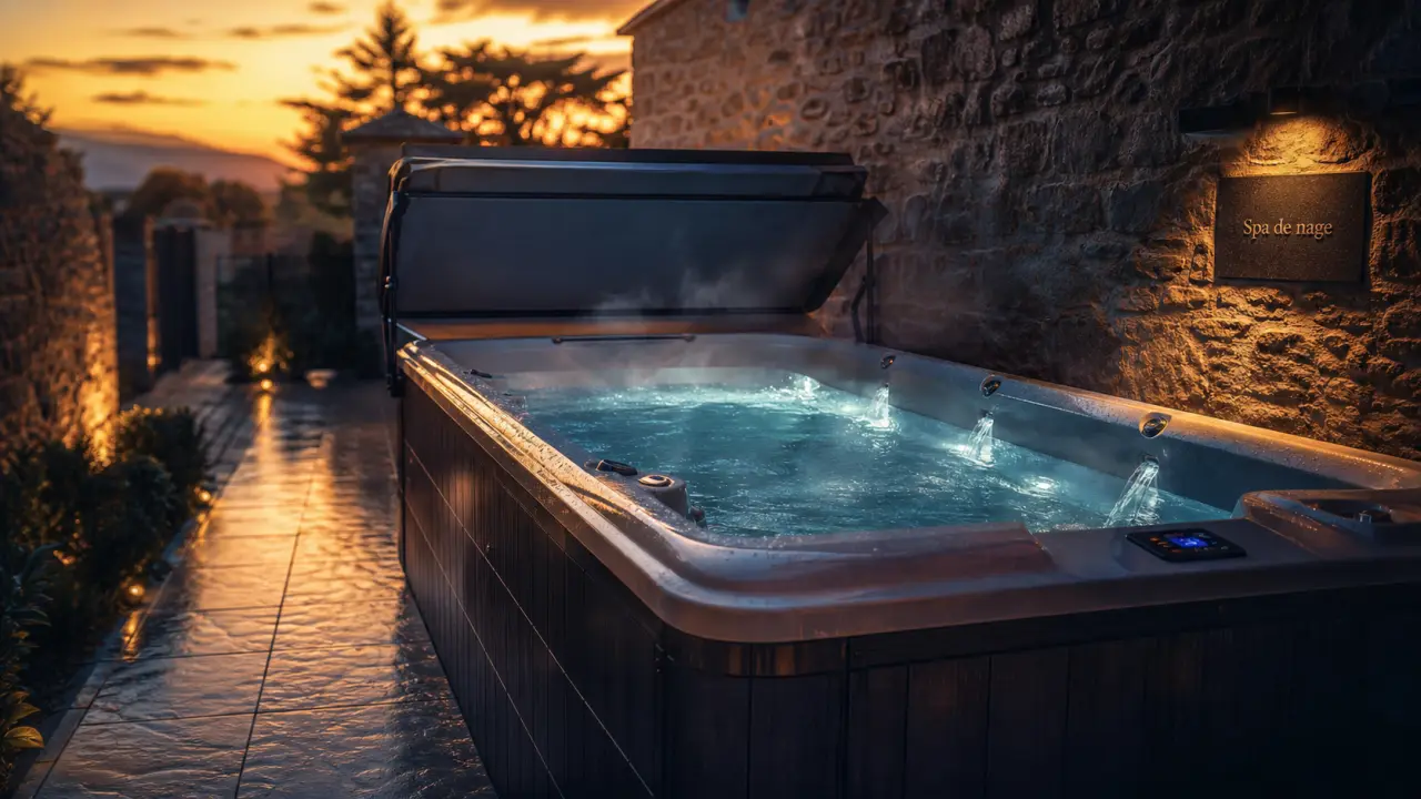 Spa de nage inconvénient : jets et eau fumante sur terrasse