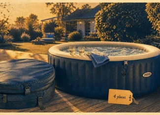 Spa gonflable 4 places : bulles et jets sur terrasse