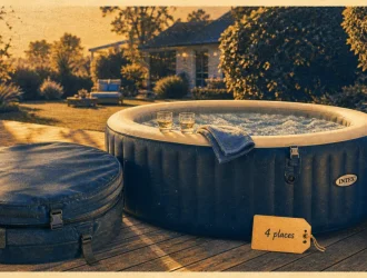Spa gonflable 4 places : bulles et jets sur terrasse