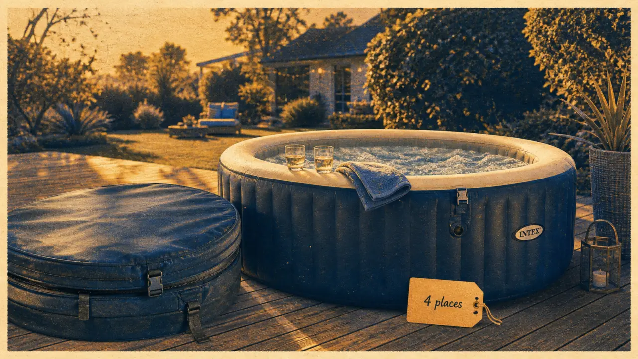 Spa gonflable 4 places : bulles et jets sur terrasse