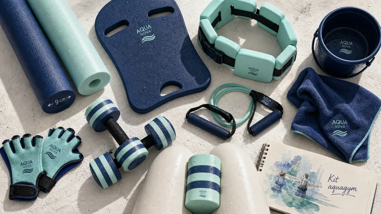 Accessoires aquagym : frites, haltères et ceintures de flottaison en piscine