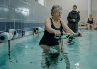 Aquabike après 60 ans : femme de 65 ans pédalant dans l’eau pour ménager les articulations