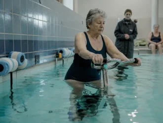 Aquabike après 60 ans : femme de 65 ans pédalant dans l’eau pour ménager les articulations