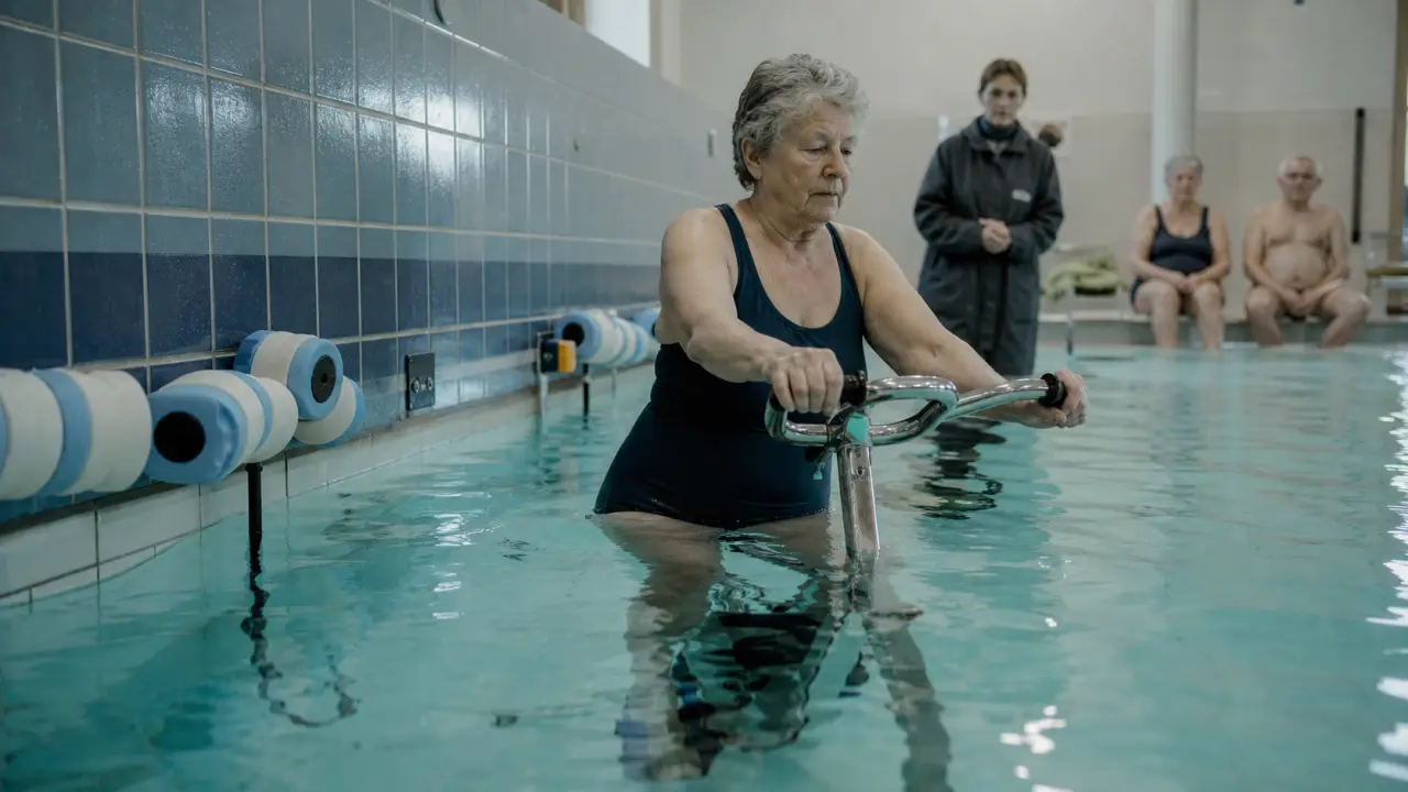 Aquabike après 60 ans : femme de 65 ans pédalant dans l’eau pour ménager les articulations