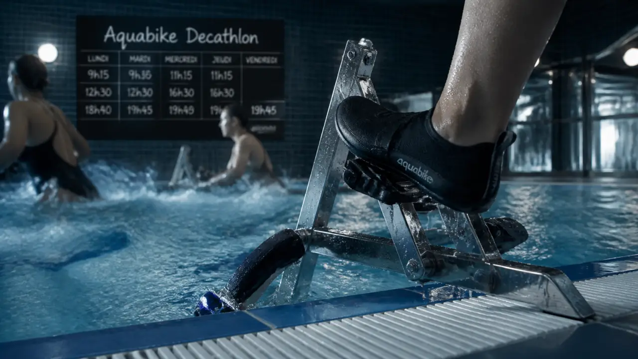 Aquabike Decathlon dans une piscine, pédales et bassin