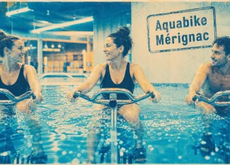 Aquabike merignac : trois personnes sur vélos aquatiques dans un bassin chauffé