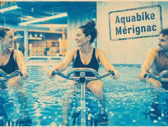 Aquabike merignac : trois personnes sur vélos aquatiques dans un bassin chauffé