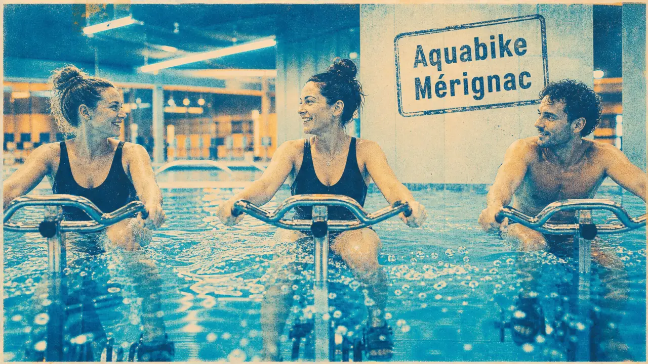 Aquabike merignac : trois personnes sur vélos aquatiques dans un bassin chauffé
