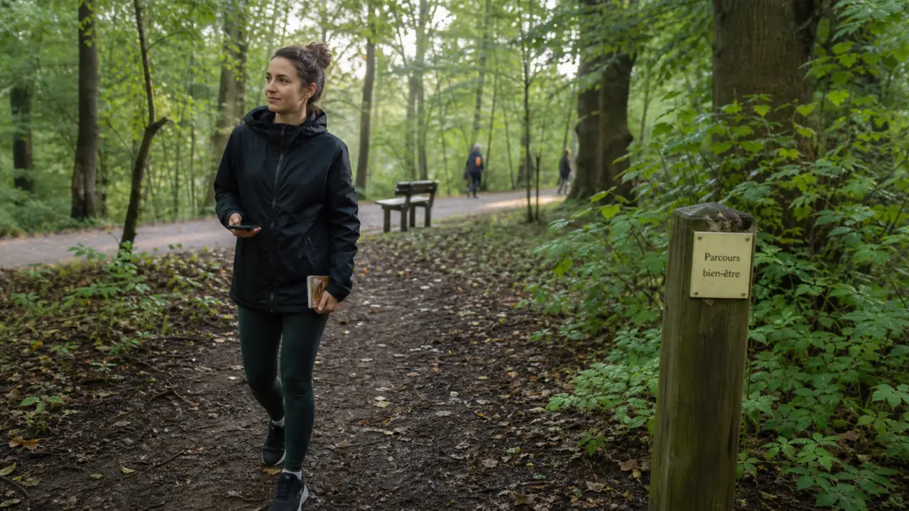 Départ parcours bien être bois de Vincennes grande boucle, sentier boisé au matin