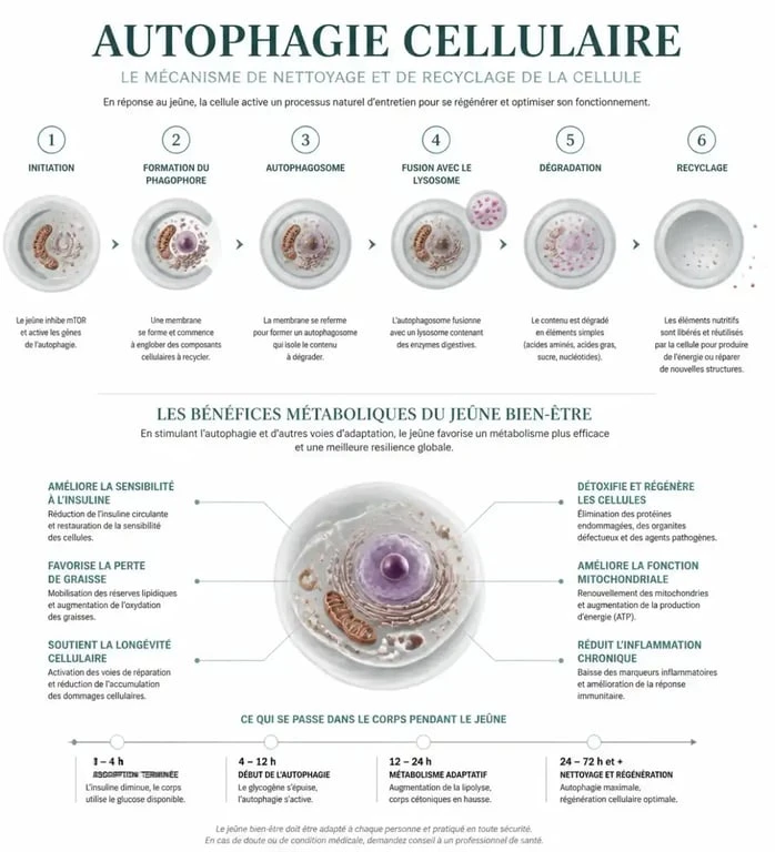 Infographie sur les bienfaits du jeûne bien-être et le processus d'autophagie