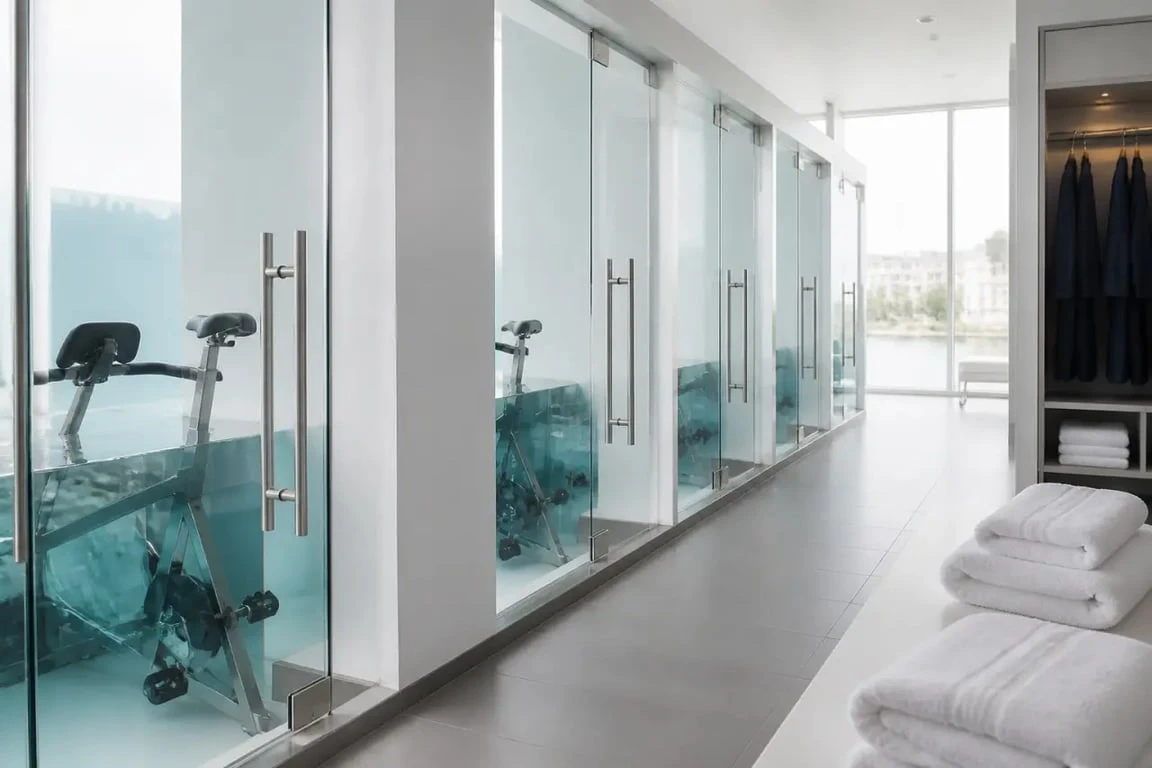 Aquabike Maisons-Alfort dans un studio intérieur avec cabines et vélos dans l’eau