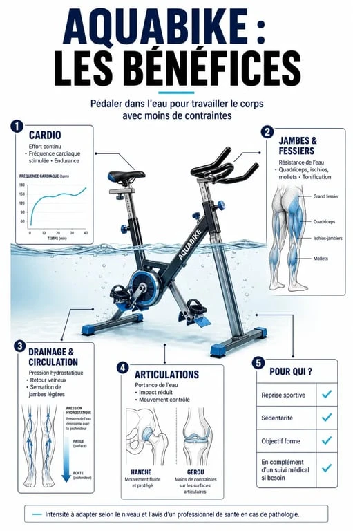 Infographie aquabike bienfaits montrant le cardio, la tonification musculaire, le drainage et le faible impact articulaire