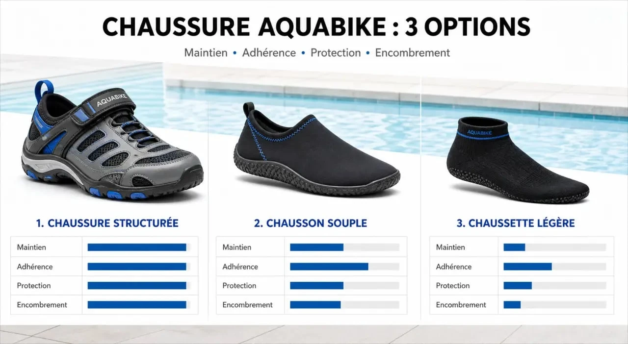 Chaussure aquabike comparée à un chausson et une chaussette d’aquabike sur le bord d’un bassin