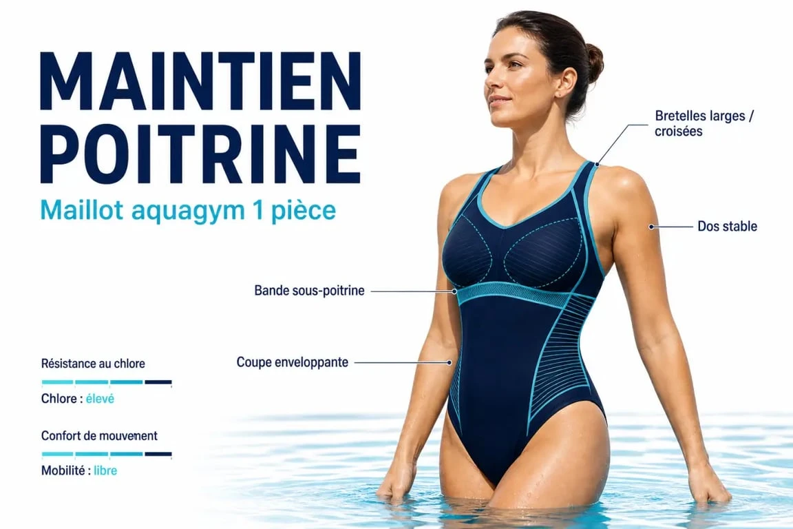 Maillot de bain aquagym maintien poitrine avec bretelles croisées et maintien renforcé en piscine