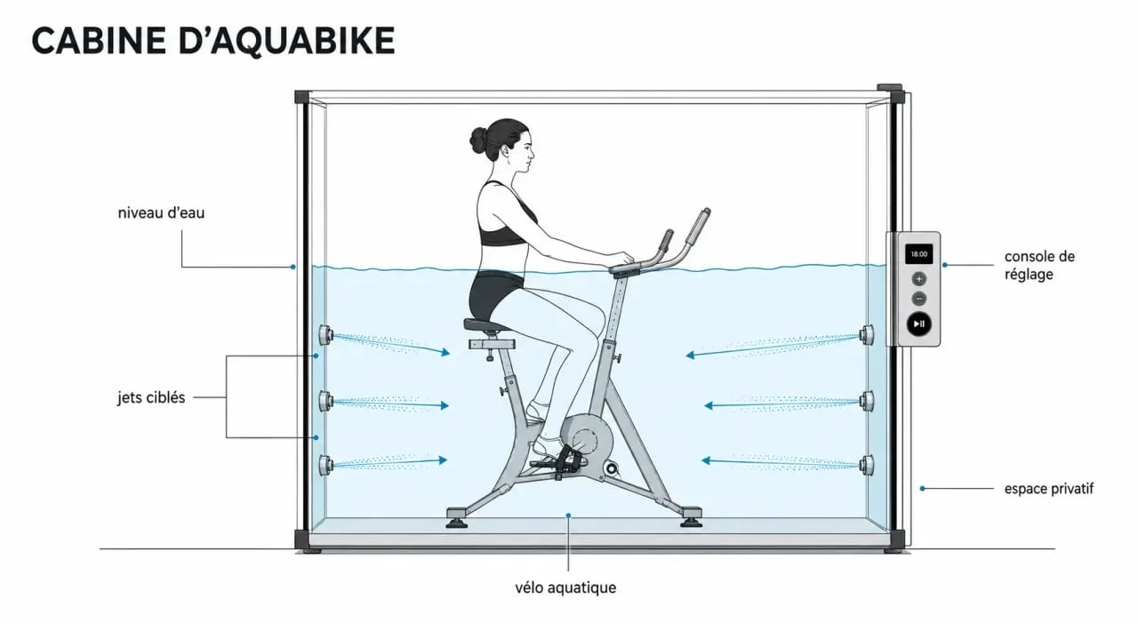 Schéma de l’aquabike cabine individuelle montrant le vélo, le niveau d’eau, les jets d’hydromassage et la console de réglage