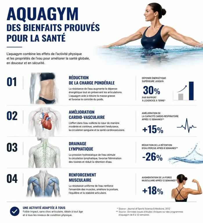 Infographie des bienfaits de l'aquagym pour la santé et la remise en forme à Cholet