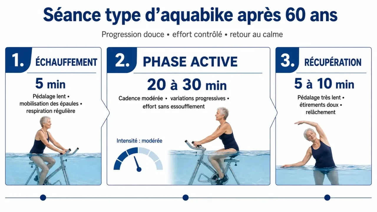 Aquabike après 60 ans : séance type de 30 à 45 minutes avec échauffement, effort et récupération