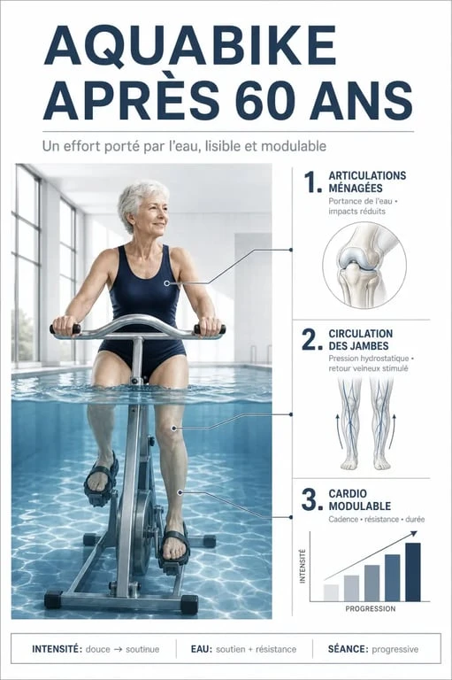 Aquabike après 60 ans : senior pédalant dans l’eau avec repères sur les articulations, la circulation et le cardio