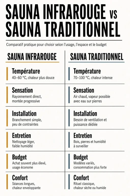 Comparatif sauna infrarouge et sauna traditionnel pour choisir le bon équipement