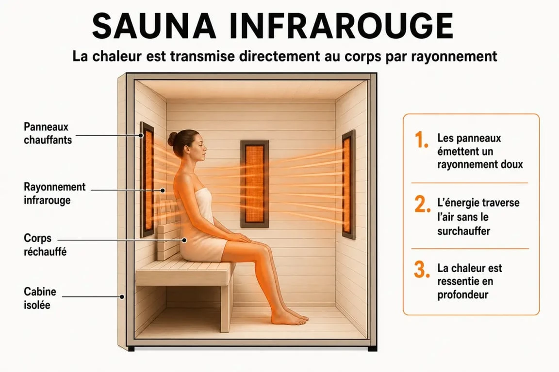 Schéma du sauna infrarouge montrant les panneaux chauffants et le rayonnement vers le corps
