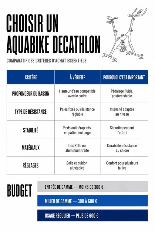 Aquabike Decathlon : tableau visuel des critères de choix et des budgets