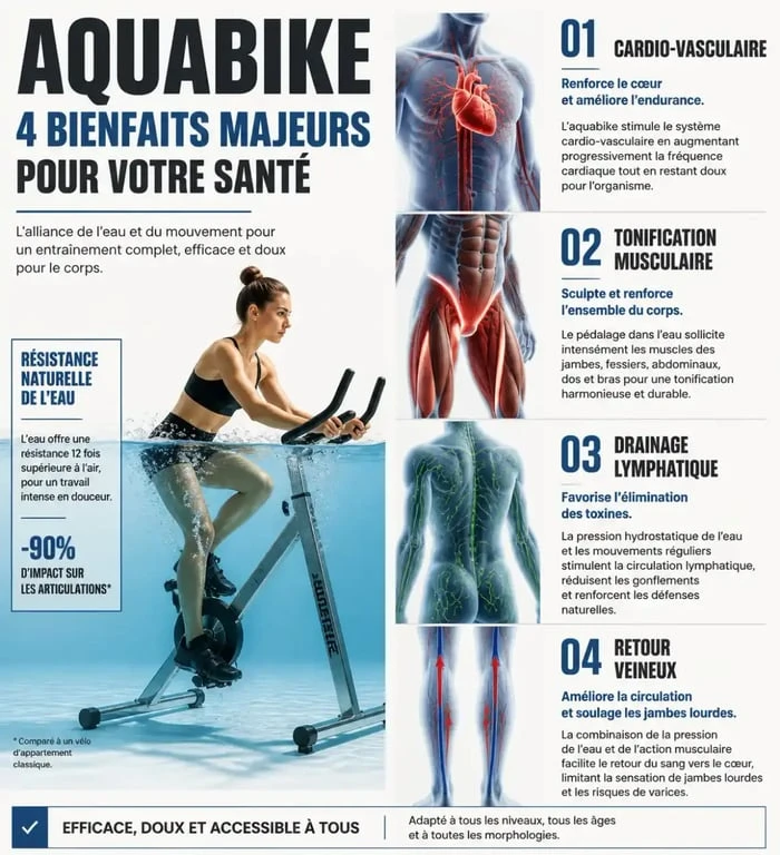 Infographie des bienfaits de l'aquabike à Mérignac pour la santé et la silhouette