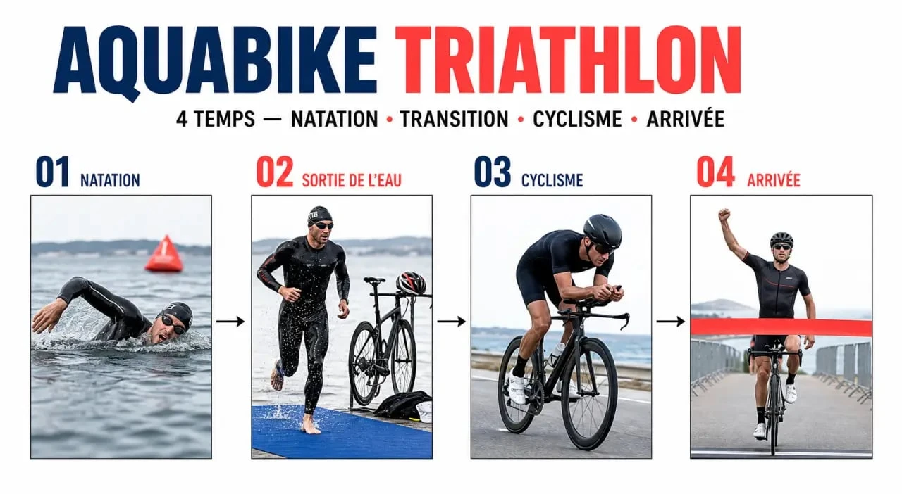 Aquabike triathlon illustré en quatre étapes : natation, transition, vélo et arrivée