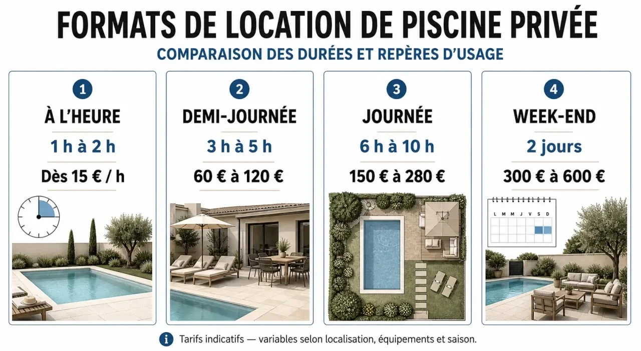 Location piscine : comparaison visuelle des tarifs à l’heure, à la demi-journée, à la journée et au week-end