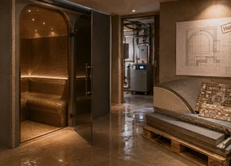 Cabine hammam prête à installer, porte vitrée et banquette