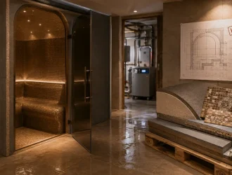 Cabine hammam prête à installer, porte vitrée et banquette