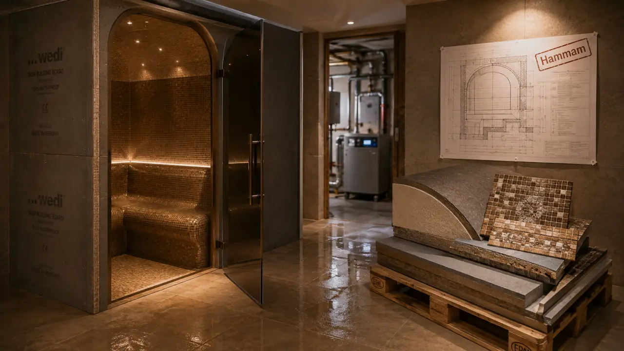 Cabine hammam prête à installer, porte vitrée et banquette