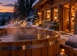 Chalet avec bain nordique privatif aux Vosges, vapeur et neige à la golden hour