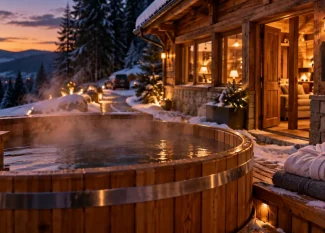 Chalet avec bain nordique privatif aux Vosges, vapeur et neige à la golden hour