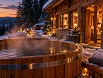 Chalet avec bain nordique privatif aux Vosges, vapeur et neige à la golden hour